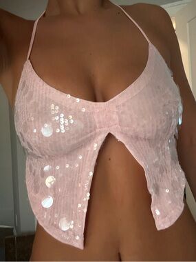 Pink Sequin Halter Crop Top